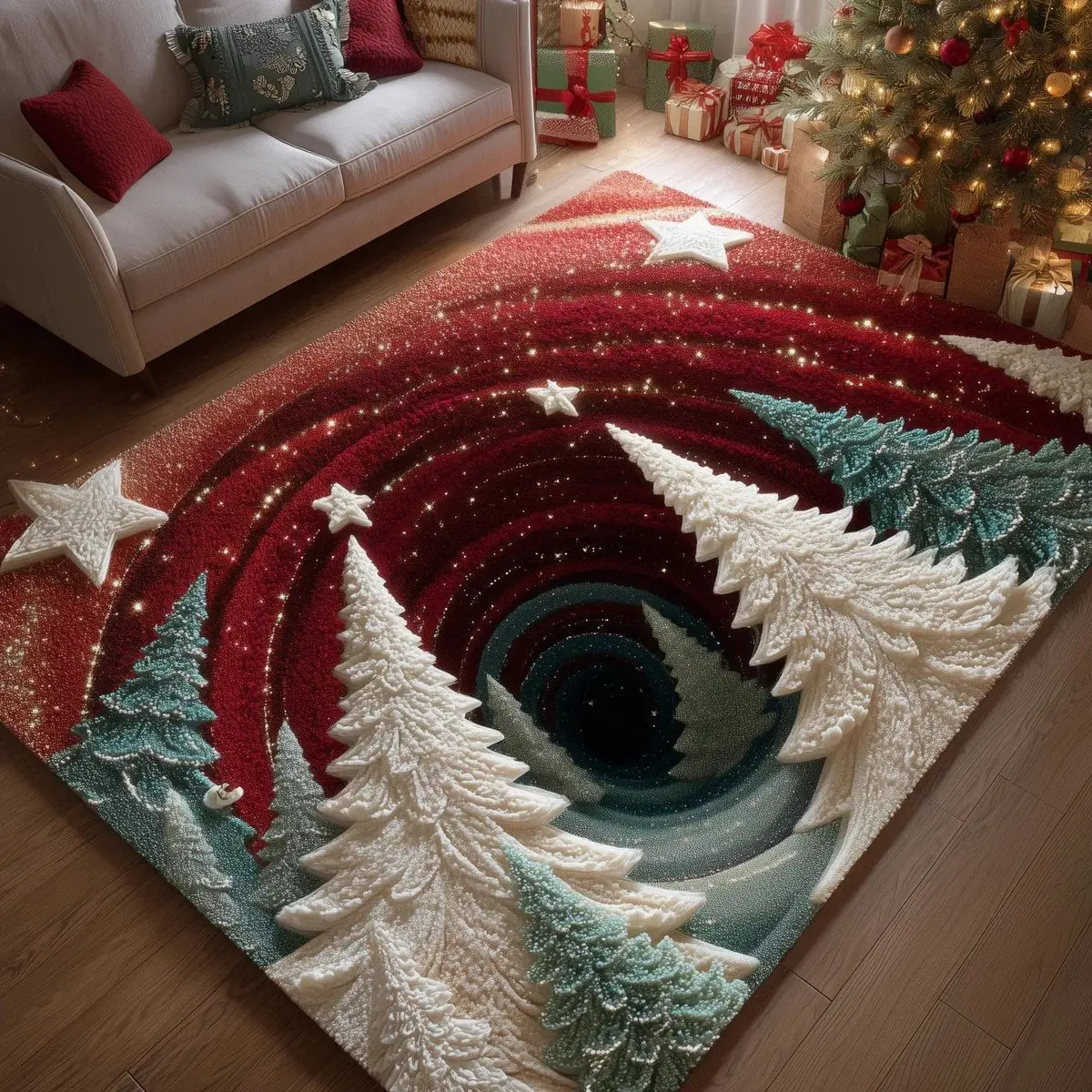 VIKAMA Christmas Area Rug White Snow Cave 3D Tunnel Winter Soft Plush Carpet Living Room Bedroom Xmas Decor Rug 120x160 cm