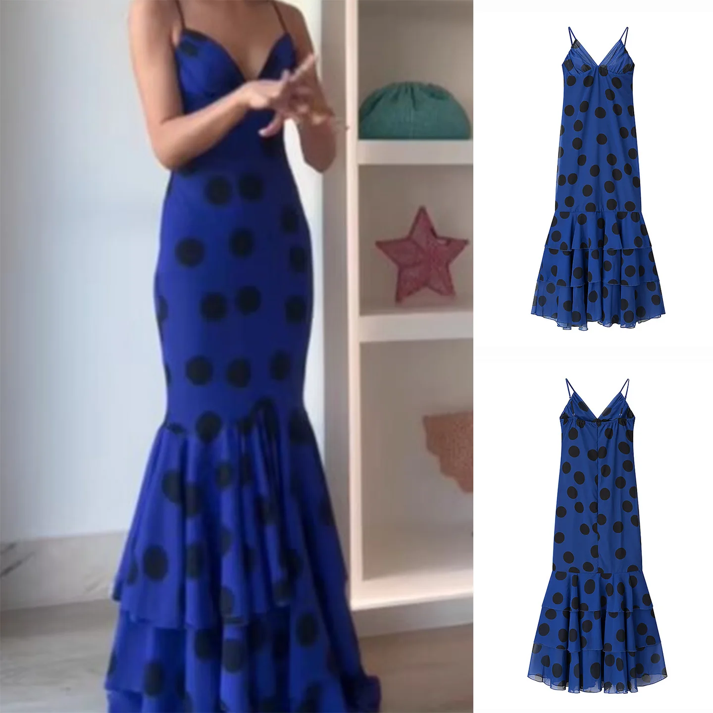 Sexy polka dot chiffon alça longa dr com babado decoração em camadas design casual sle feminino dr fibra de poliéster