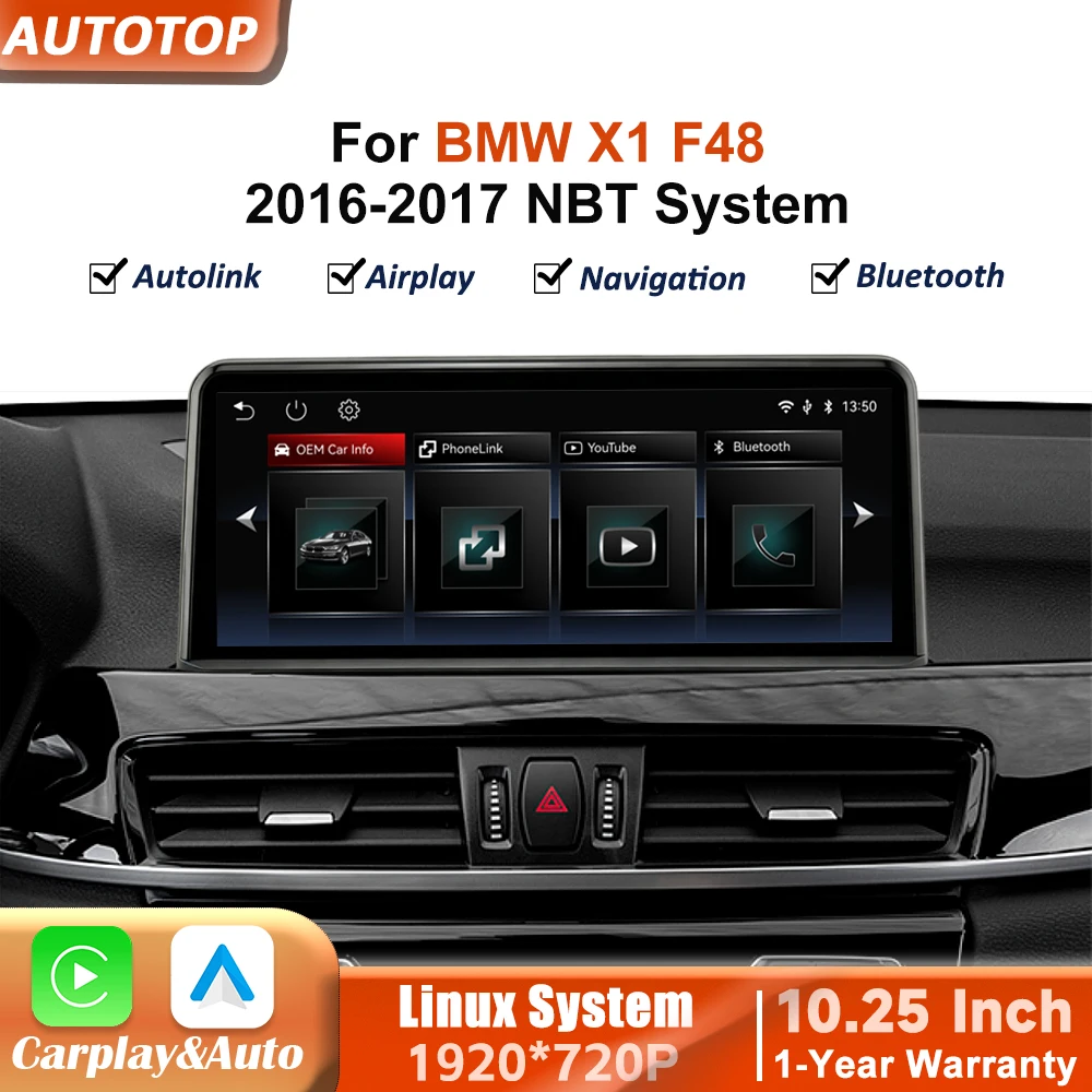 10,25-calowy Bezprzewodowy CarPlay Android Auto do BMW X1 F48 2016 2017 NBT Multimedialny Odtwarzacz Wideo z Ekranem Dotykowym, WiFi, Bluetooth, AUX, Airplay, Autolink, Mirror Link, Nawigacja GPS