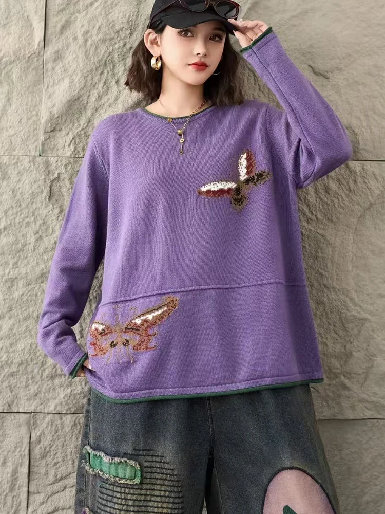 Amax lulue moda coreana jumpers outono feminino casual solto blusas de malha senhoras clássico bordado o pescoço pulôver de grandes dimensões