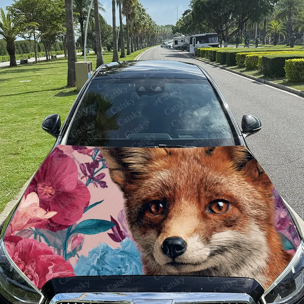 Car Decal Fox with Floral Textural Artistic Fusion Design, Creating a Mysterious and Elegant Visual Car Hood Sticker, Waterproof