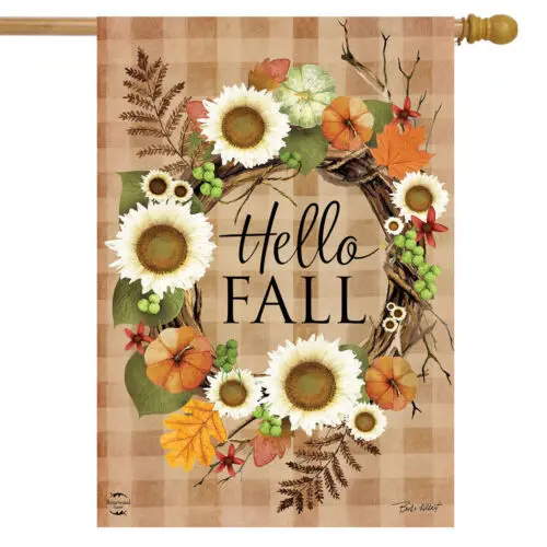 BRIARWOOD HELLO FALL WREATH PUMPKIN SUNFLOWER THANKSGIVING LARGE HOUSE YARD FLAG KKL AAL HHM WZZ yyi