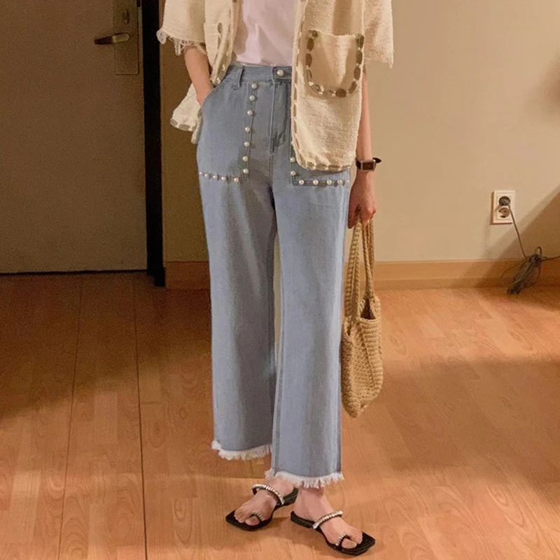 

High Waist Pearl ket Decorated Chic Versatile Wide Leg Nine-Tenths Jeans Women's Summer Faion Slimming Denim Pants