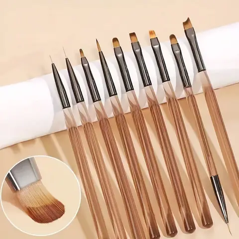 9Pcs Nail Brush Set Fine Line Painting Detail Work Pens Stylish Brown Handles Gel Nail Art Tool Kit for Professional & Home Use
