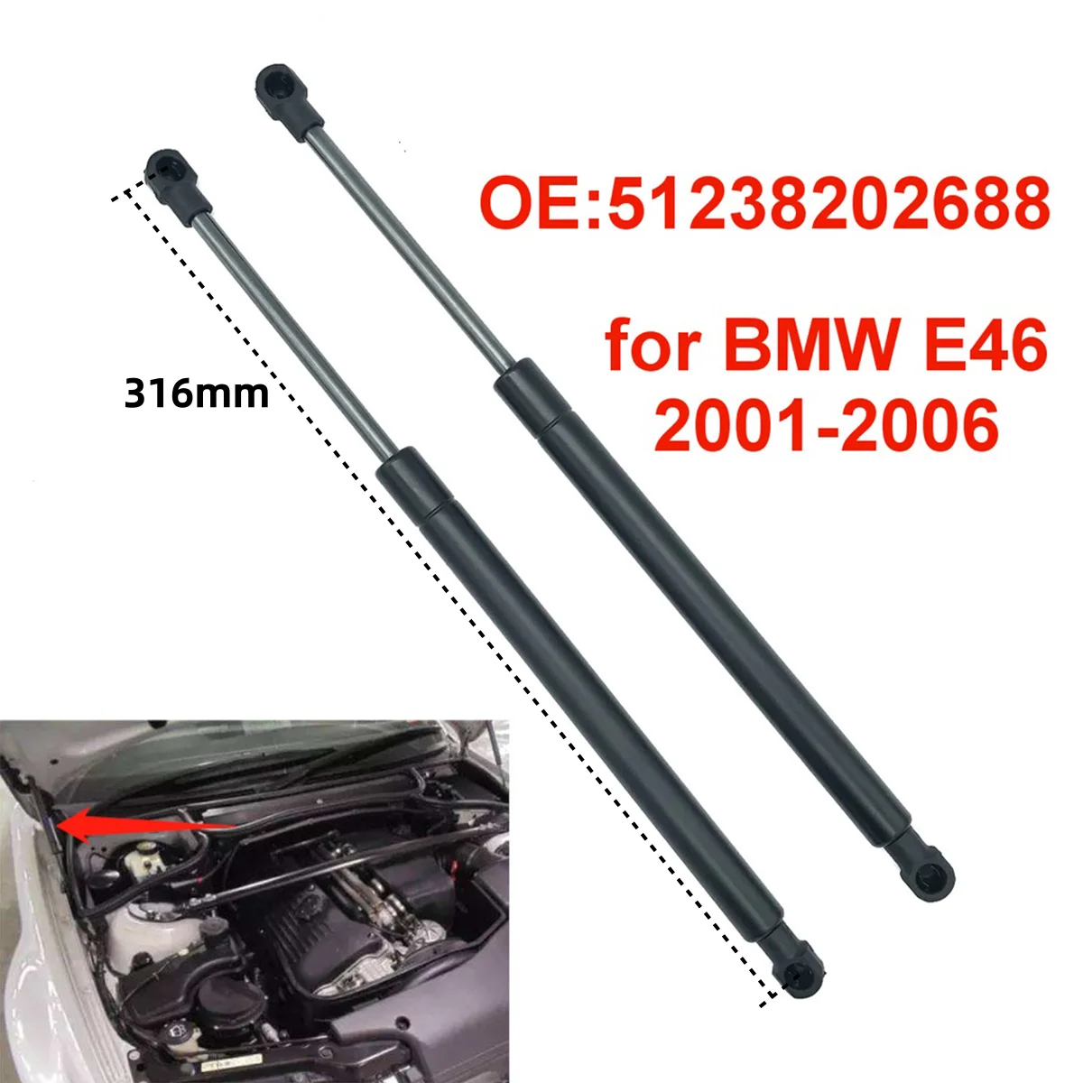2Pcs 51238202688 Car Front Engine Hood Bonnet Gas Struts Lift Support Rod Bar for BMW 3 Series E46 M3 2001-2006