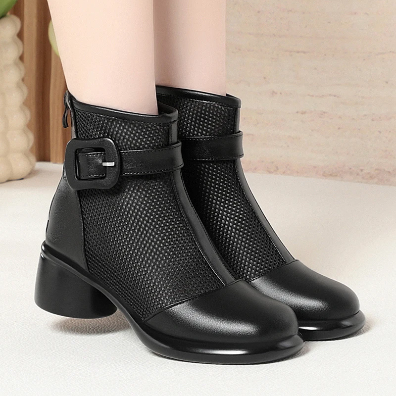 

AIYUQI Summer Boots Women 2026 New Genuine Leather Women's Cool Boots Fashion Mid-Heel Mesh Women's Boots