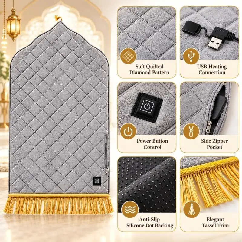 Folding Heated Prayer Pad with 3 Heat Levels, Padded Construction, USB Power, and Decorative Trim for Travel Use 37JD