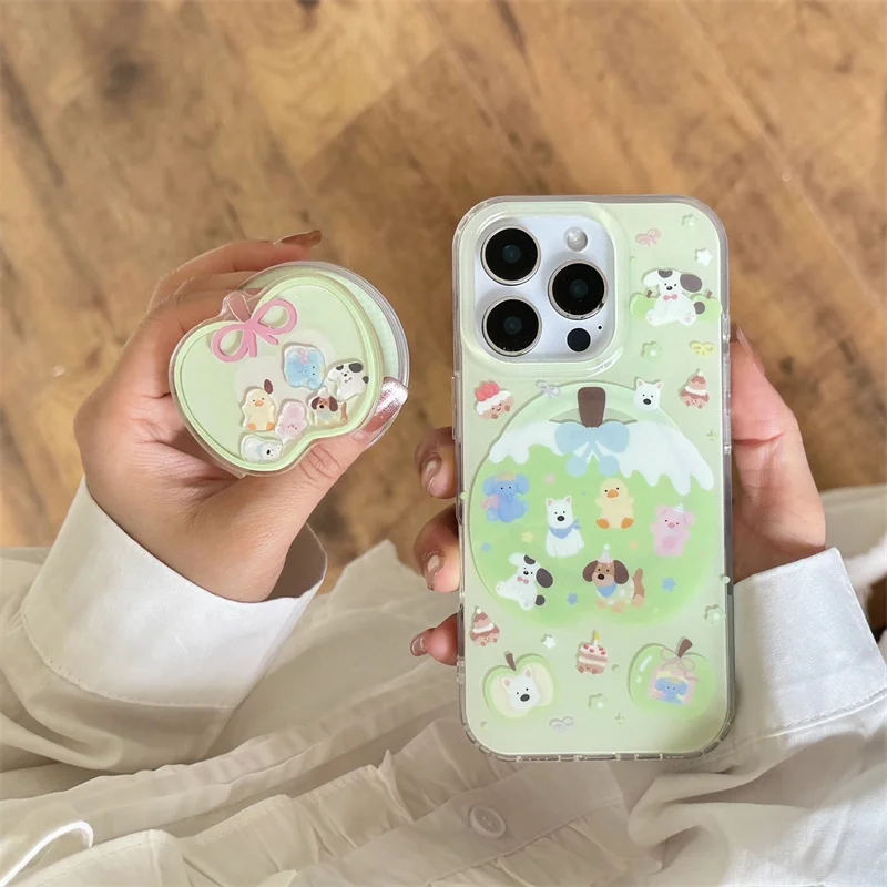 

Kawaii Cartoon Puppy Magnetic Phone Case For iPhone 16 Pro 15 13 14 Pro Max Cover with Magsafe Stand Holder Korean Cute Cases
