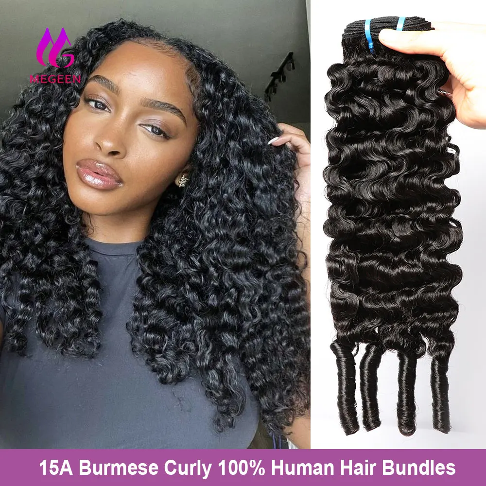 

Натуральные волосы Megeen 15A, необработанные человеческие волосы, 1/3/4 шт., бирманские вьющиеся искусственные волосы с спиральными концами, быстрое сырье, наращивание волос