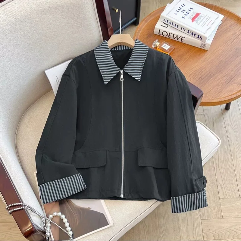 plus Size Women's Plaid Splicing Denim Jacket Regular Sleeve Long Zipper Closure Shoulder Width Autumn Workwear Style Top