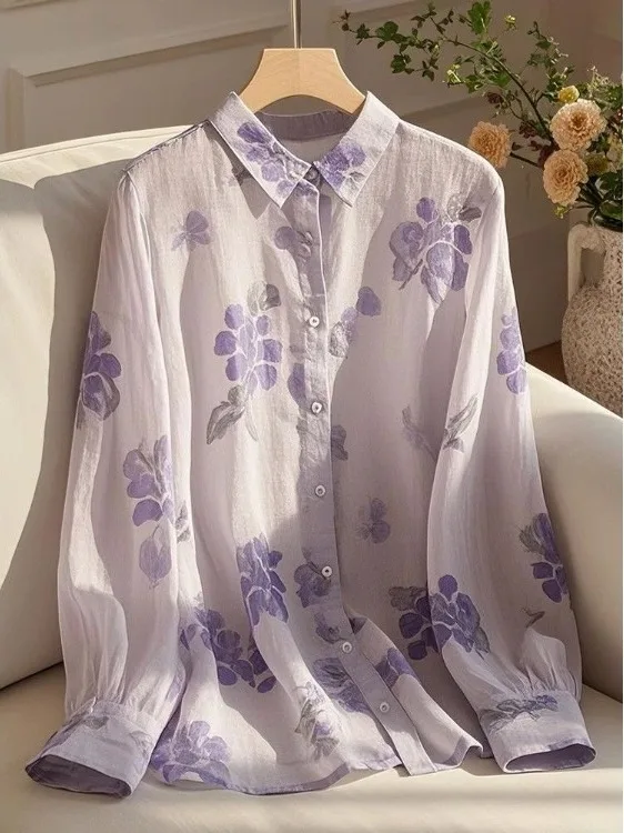 

Женский модный шелковый топ с цветочным принтом Ele Purple, весна-лето, Новое поступление, свободный крой, длинный топ с воротником све