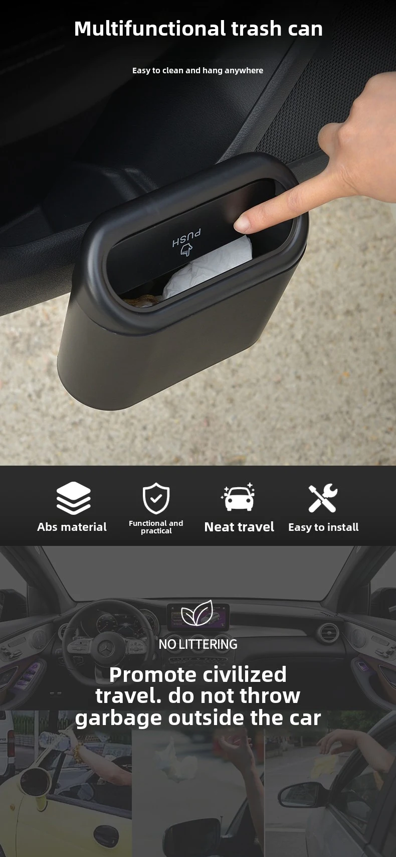 Multifunktionaler Auto-Mülleimer mit Deckelknopf, hängender Aufbewahrungsbehälter für nasse und trockene Gegenstände, Innenzubehör, Mini-Organizer-Box – Detail 21