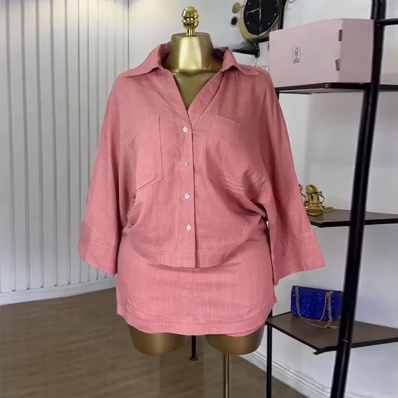Fashion women's clothing 2025 summer new sweet and fresh collar bat sleeve shirt high waist half body pants skirt two-piece set