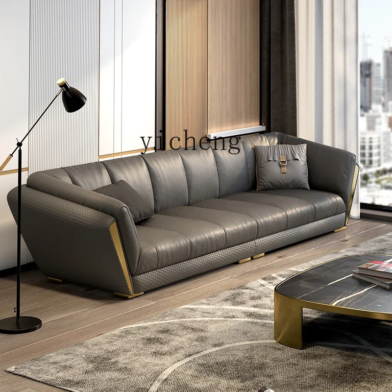 

minimalist leather sofa three people four people straight row first layer cowhide simple modern light luxury sofa