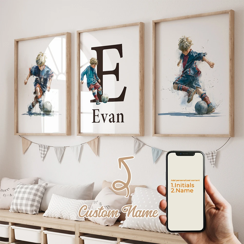 3-teiliges Personalisiertes Benutzerdefiniertes Namens-Cartoon-Fußball-Wandkunst-Set Leinwand-Poster Gemälde Wohnzimmer Heim-Dekoration