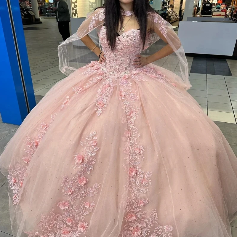 

Mexican Pink Quinceanera Dresses with 3D Floral Applique Lace With Cape Tull Vestidos XV 15 Años Sweet 16 robe de soirée