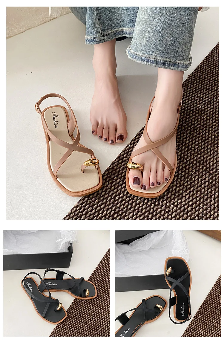 2026 Damen Sandalen mit flachem Absatz, Zehenclip, lässige Römersandalen, Sommer, schmaler Riemen, Knöchelschnalle, Strandschuhe für Damen – Detail 9