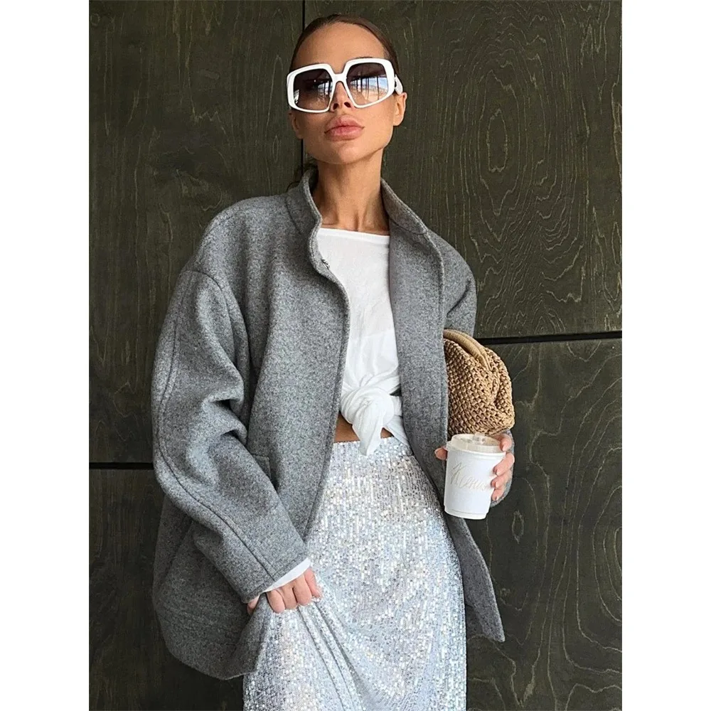 

2026 Spring Autumn Women Grey Warm Jacket Coat Long Sleeve With Covered Buttons Bomber Jacket Female Casual Outerwear Chic Tops