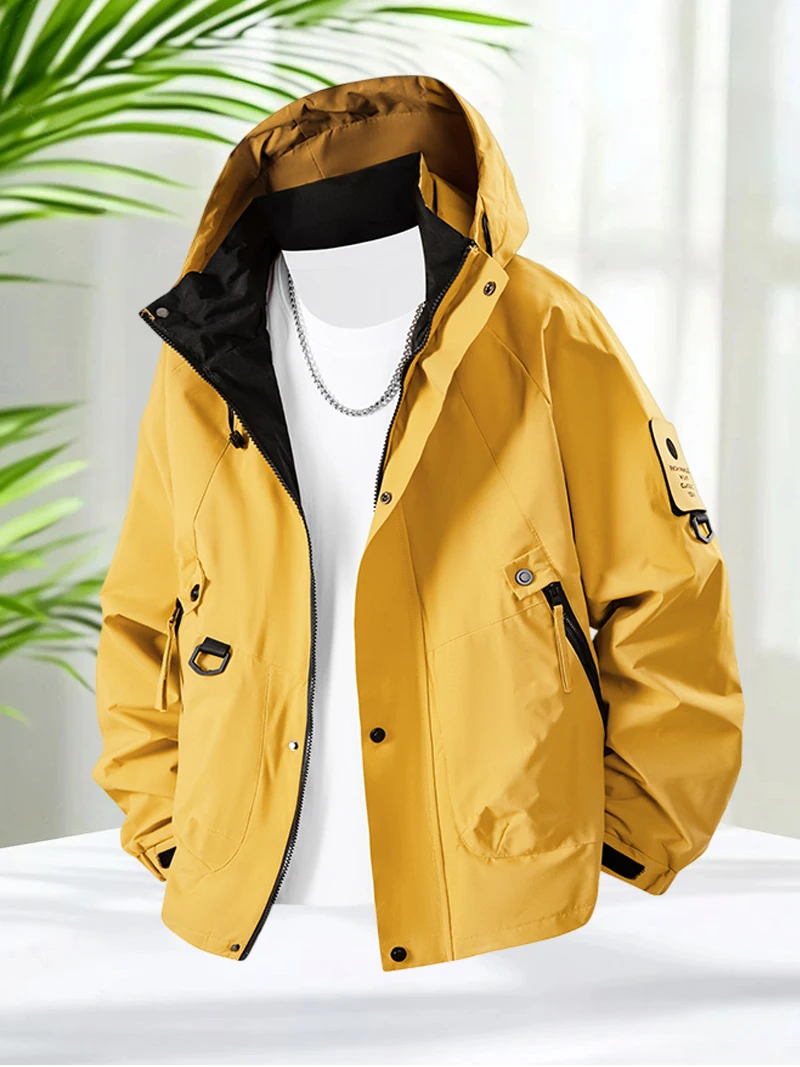 

Мужская куртка-ветровка, весенне-осенняя свободная уличная легкая мужская куртка на молнии с капюшоном и карманом на молнии большой емкости