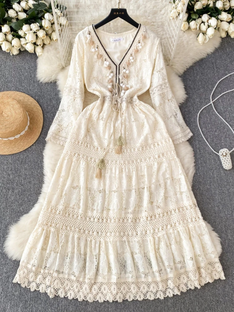 French Court Style Dress Women Vintage Mesh Hook Flower V-neck Tassel Design Long Dress Summer Clothing for Women