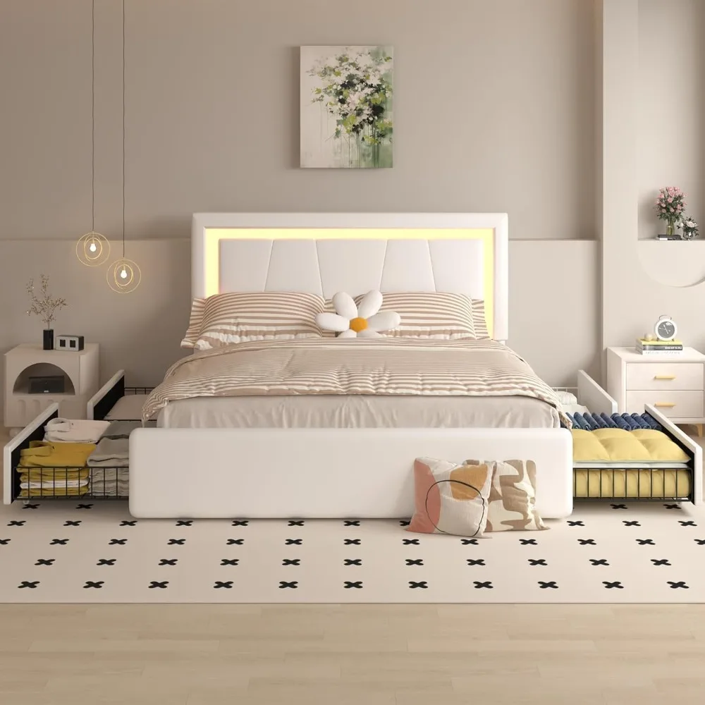 

Queen Bed Frame with 4 Storage Drawers and Adjustable Headboard, Upholstered Platform LED Bed with Type-C&USB Ports, Solid Woode