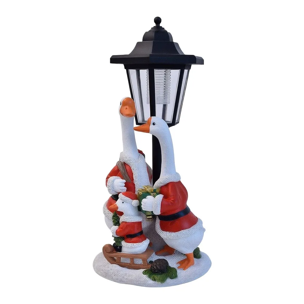 White Resin Solar Powered Goose Figure in Santa Attire for Outdoor Indoor Holiday Decor Garden Patio Porch 16x11.3x31.5cm