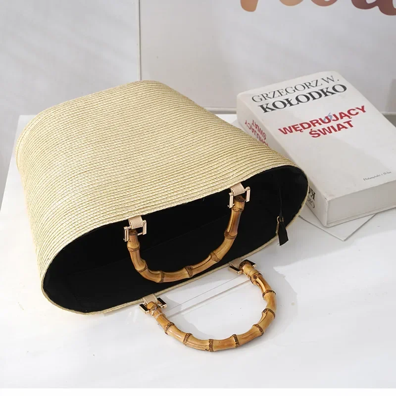 

Casual Rattan PP Grass Hand-Woven HandBag Bamboo Handle Design Women's Large Capacity Tote Bag Summer Straw Beach Bag Feminina