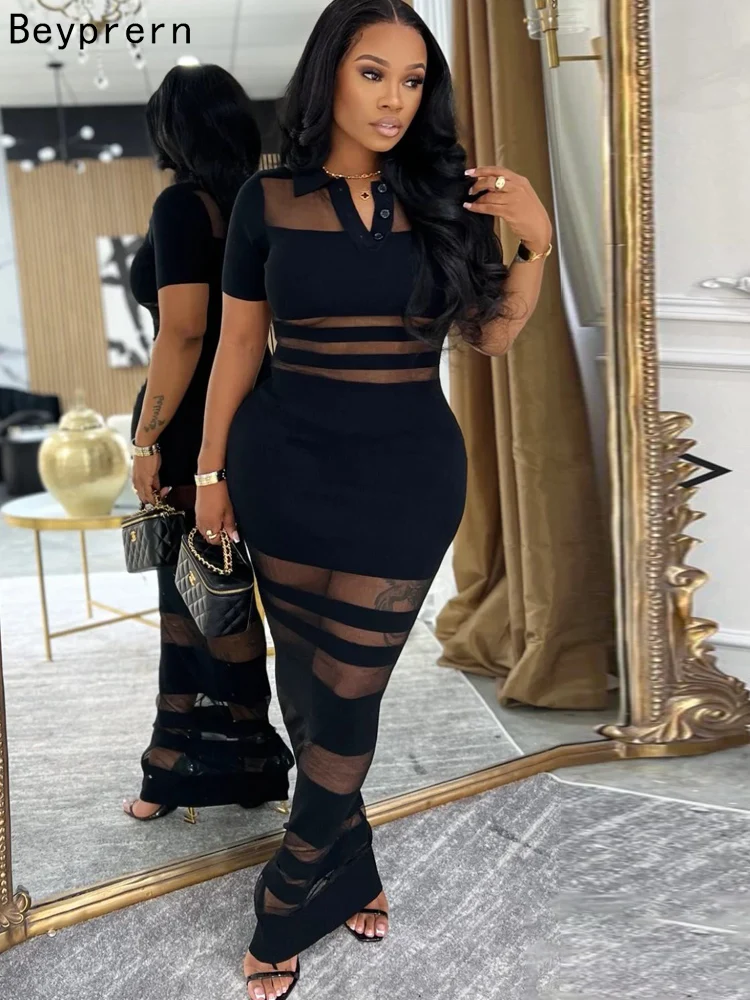 Beyprern Sexy Schwarzes Mesh-Patchwork-Maxikleid für Damen, Sommer, kurzärmelig, durchsichtig, figurbetont, lange Kleider, Party, Clubwear, 2026