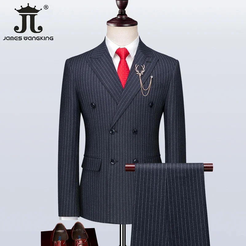 S-7XL de rayas verticales para hombre, traje de estilo británico con doble botonadura, esmoquin para novio, boda, fiesta de graduación y negocios, (Blazer, chaleco y pantalones)