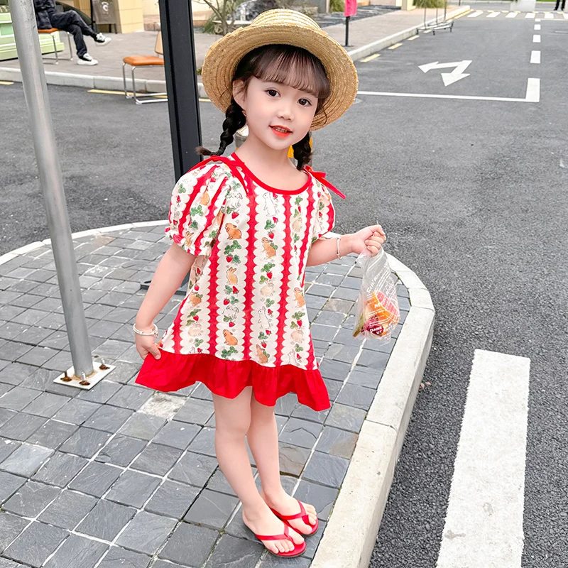 Girl\'s dress summer baby girl full print rabbit patchwork solid color lace bubble sleeve princess dress