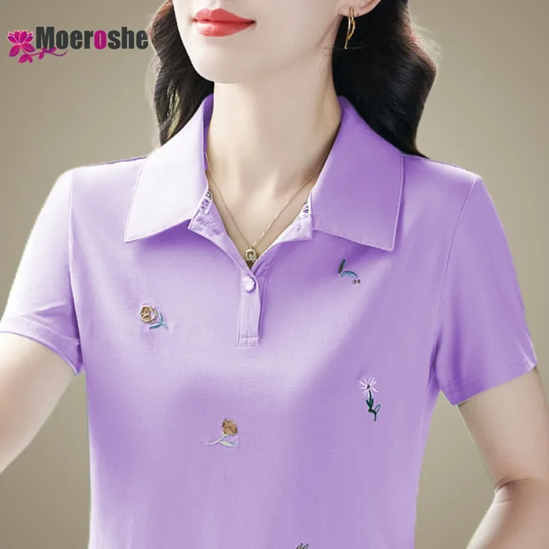 Summer Embroidered Flower POLO lapel Shirt Short Sleeves T-shirt Womens Top Cotton Sleeve Golf Clothing Elegant and high quality