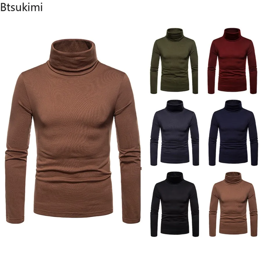 

2024 Men's Solid Turtleneck T-Shirt Fashion Slim Long Sleeve Fleece Warm Bottoming Shirt Autumn Winter Casual All Match Men Tops