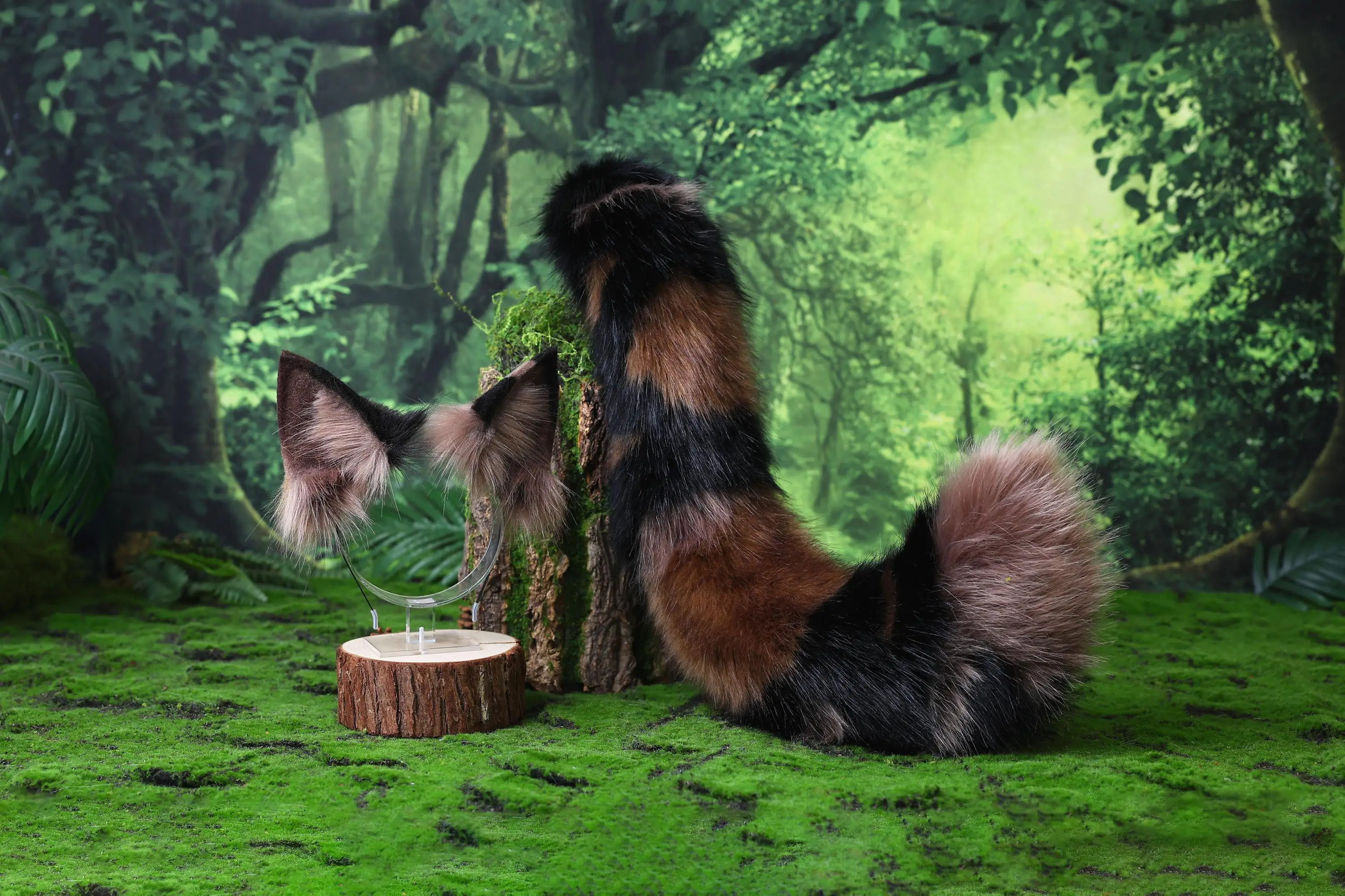 Faux fur tortoiseshell cat tail and ear tortie cat therian kitten kemonomimi anime cosplay fox ear and tail wolf ears tail