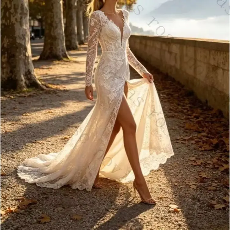 Customized Long Sleeved High Waisted Lace High Opening Seam Wedding Dresses 2026 White Deep V-neck Mermaid Summer Bridal Gown