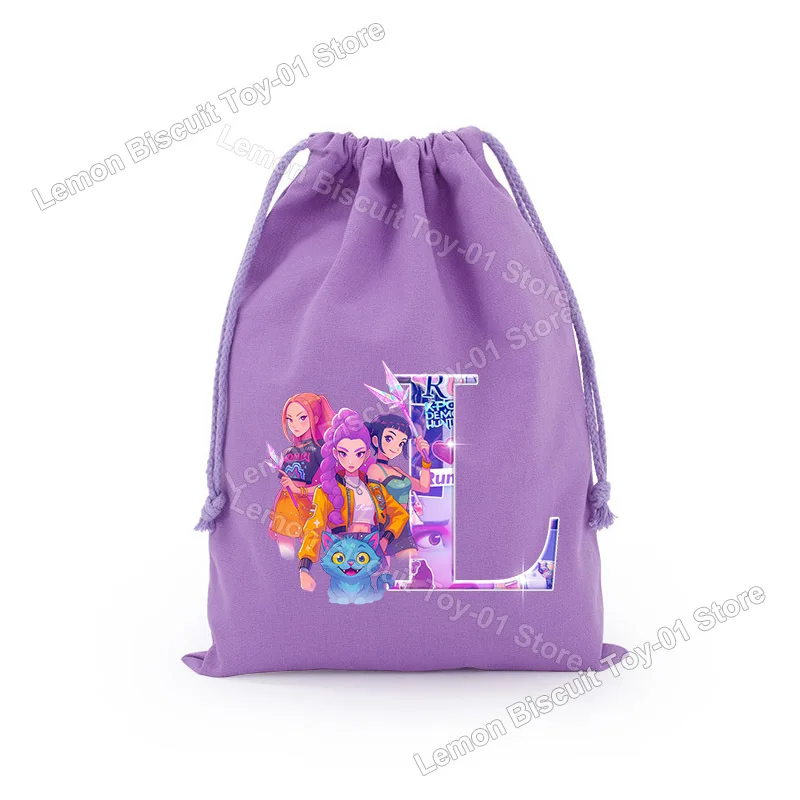 KPop 악마 사냥 시리즈 Drawstring 가방 보라색 문자 A-Z 여성 방진 메이크업 가방 귀여운 캔디 스낵 파우치 생일 선물
