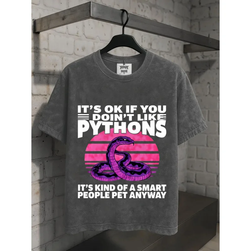 تي شيرت رجالي مغسول باللون الأسود بنمط ونص مطبوع عليه بيثون على ما يرام إذا لم تحب بيثونز عالي الجودة 100% قطن 230 جرام #2