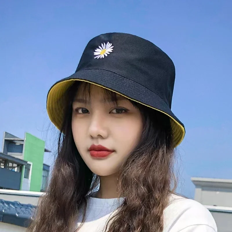 Women\'s Double-sided Flower Embroidered Fisherman Hat Wholesale Double Sided with Basin Cap Seasonal Sun Hat Bucket Hat