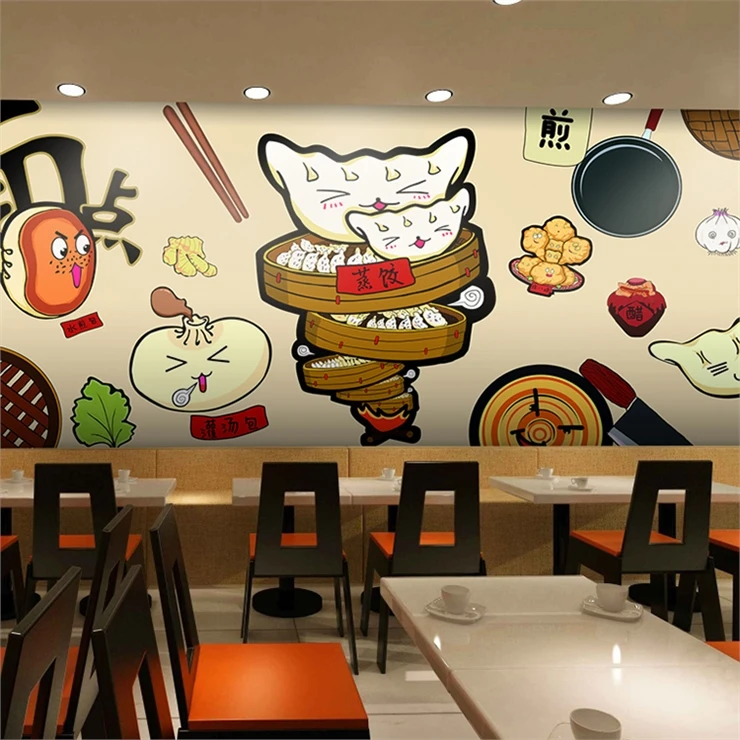 

custom 3D Hand painted cartoon food wallpaper Chinese dumpling restaurant noodle shop snack bar restaurant background wall mural