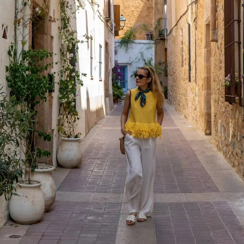 PRINTKAOIR Fashion Tassels Patchwork Tube Tops For Women Round Neck Sleeveless Knitted Short Vest Female Summer In Chic Tank Top