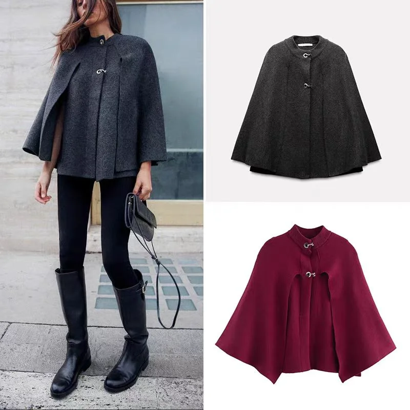 

Women's Poncho Elegant Knitted Cape Coat Women Fashion Solid O-neck Cloak Woman Pleated Jacket Lady Streetwear Outerwears