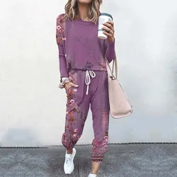 Fall spring Women Casual Sports Tracksuit Set Long Sleeve Hoodie+Drawstring Trousers Women Two Pieces Matching Suits Vintage Set