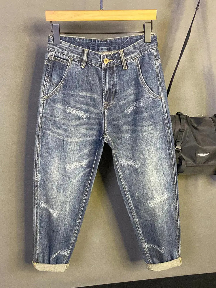 

American Casual Laser Print Men's Jeans Spring Autumn Loose Tapered Harlan Pants mid Waist Button Closure Casual Denim Jeans