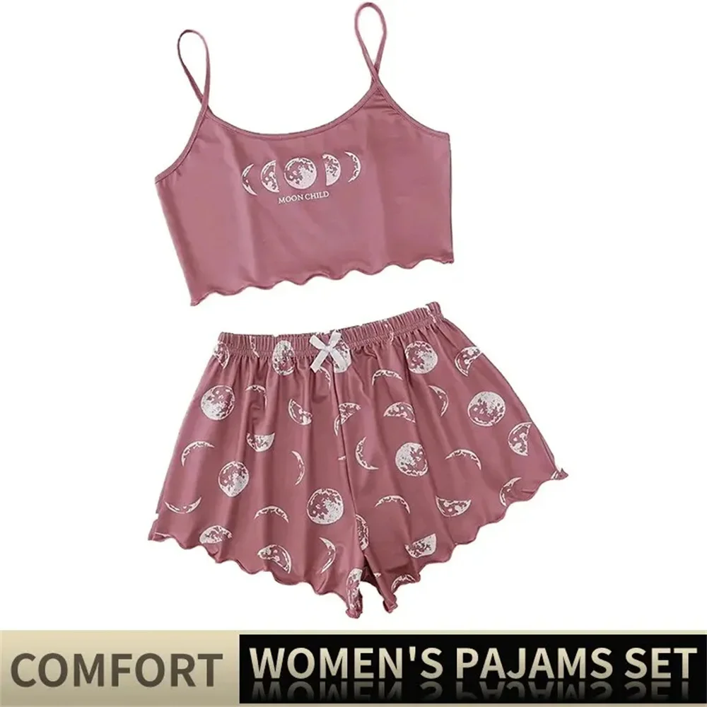 Women Pajamas Sleepwear Pajama Set Sports Camisole And Shorts Pink Moon And Planet Print Summer Soft Comfortabl Casual