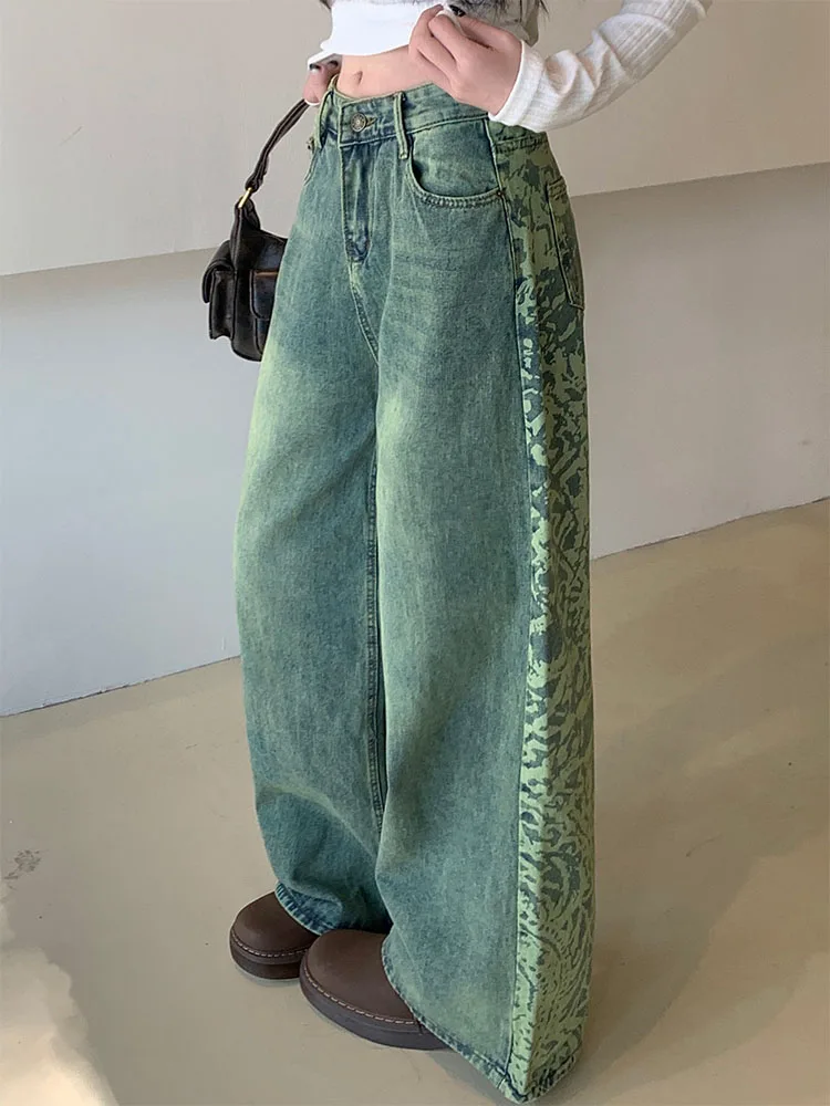 Woman Wide Leg Jeans Gradient Color Denim Tie-dyed Pants Floor-Length Trousers New Design Casual Fashion Streetwear All-match