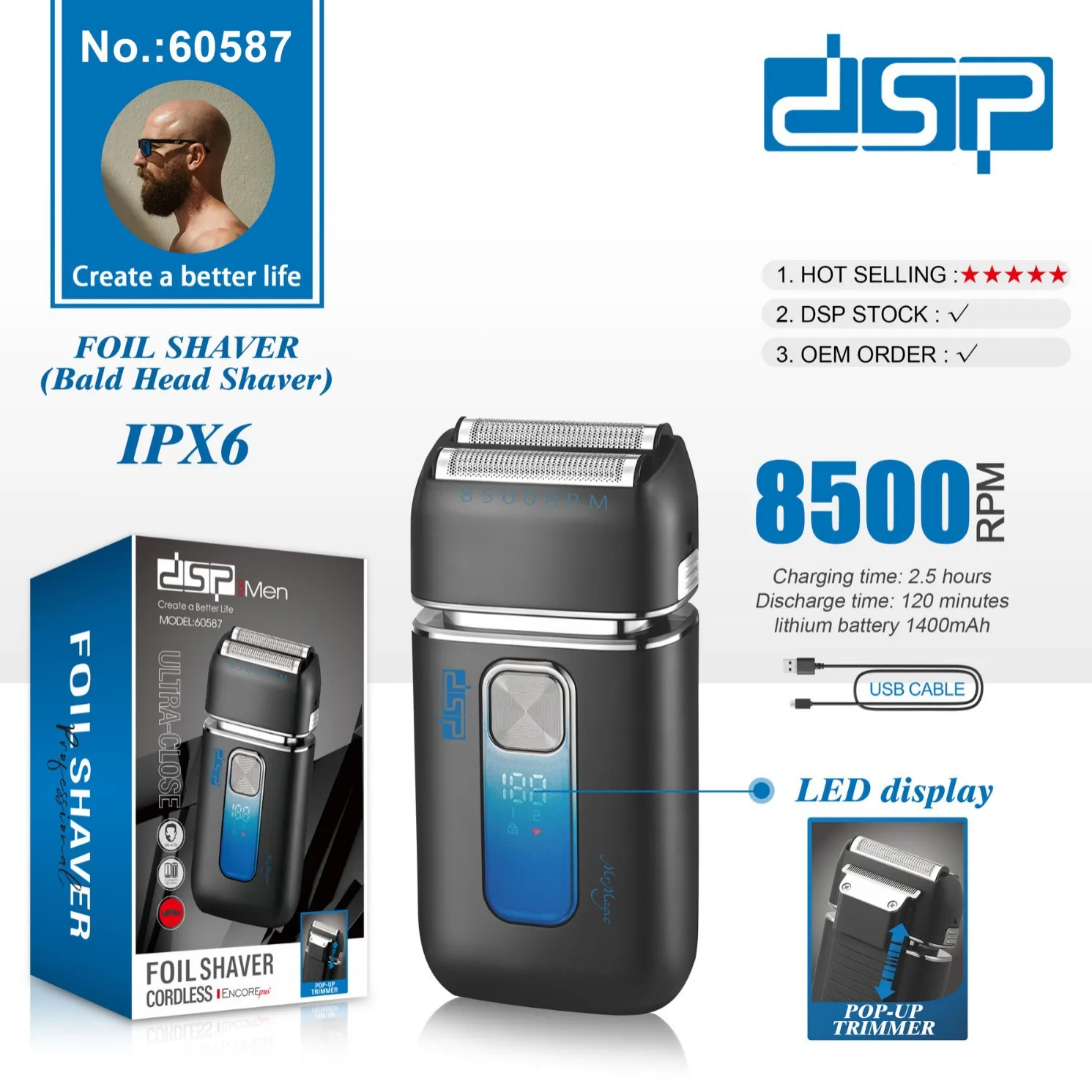 DSP Dansong Electric Razor Portable Washable Men's USB Rechargeable Reciprocating Shaver
