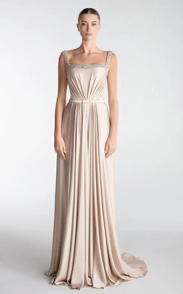 

Customized Elegant Chiffon Rhinestone Pleat Sash A-line Spaghetti strap Long Dresses Bespoke Occasion Dresses High quality Retro