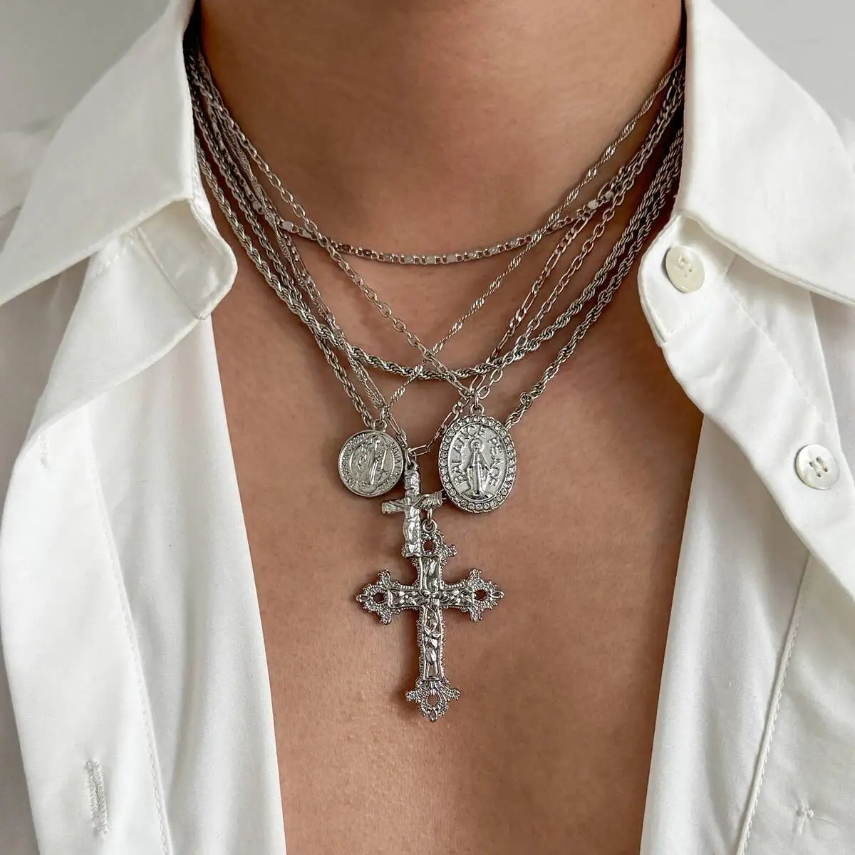 

KunJoe 6 Pcs/Set Hip Hop Jesus Cross Pendant Necklace for Men Punk Gothic Multilayer Stackable Choker Collar Chain Male Jewelry
