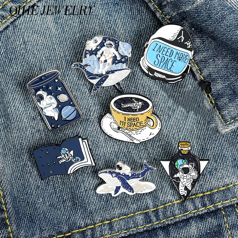 I Need My Space Pin Collection Astronaut Brooch Planet Starry Sky Galaxy Whale Lapel Pin Romantic Outer Space Lover Jewelry