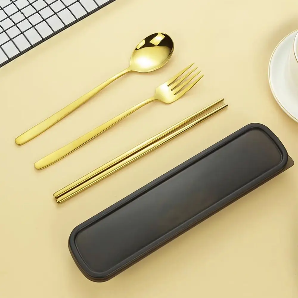 

3 in 1 Tableware Set Silver/Gold Color Rust-proof Forks and Spoon Chopsticks Set with Packing Box Portable Travel Cutlery Set
