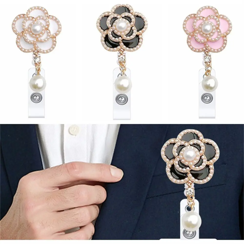 Elegant Nurse Badge Reel Pearl Floral 360 Rotation Retractable Badge Holder Alligator Clip Work Card Easy Pull Buckle